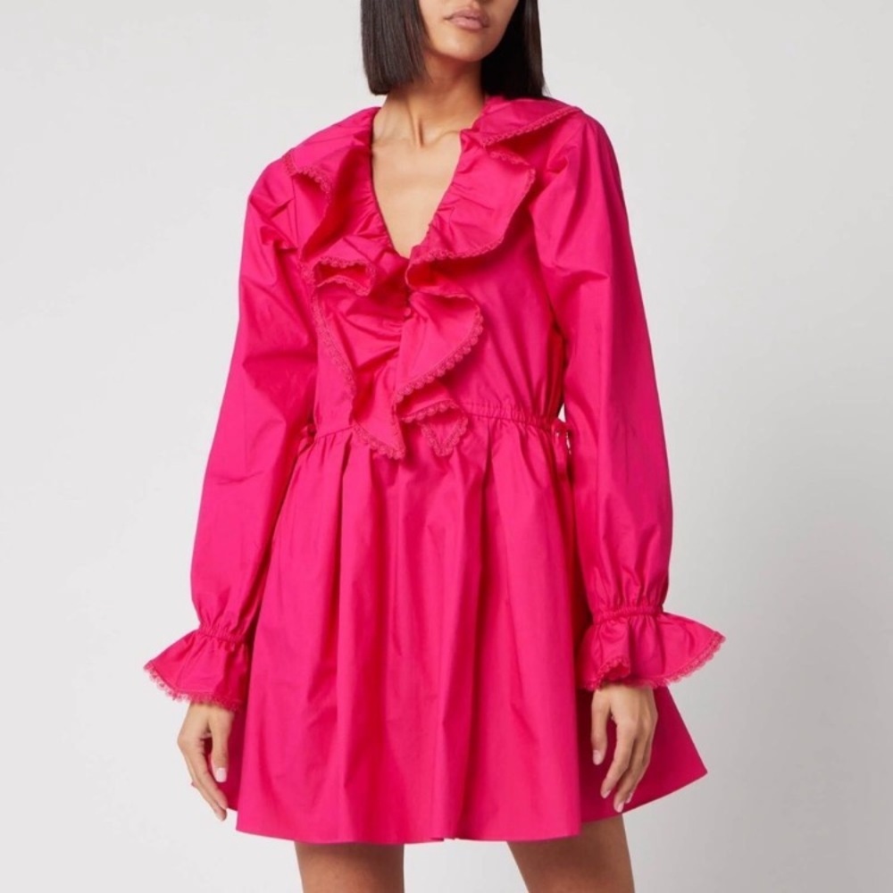 Self-Portrait Fuchsia Ruffle Mini Dress Cotton Poplin Long Sleeve V-Neck NWT